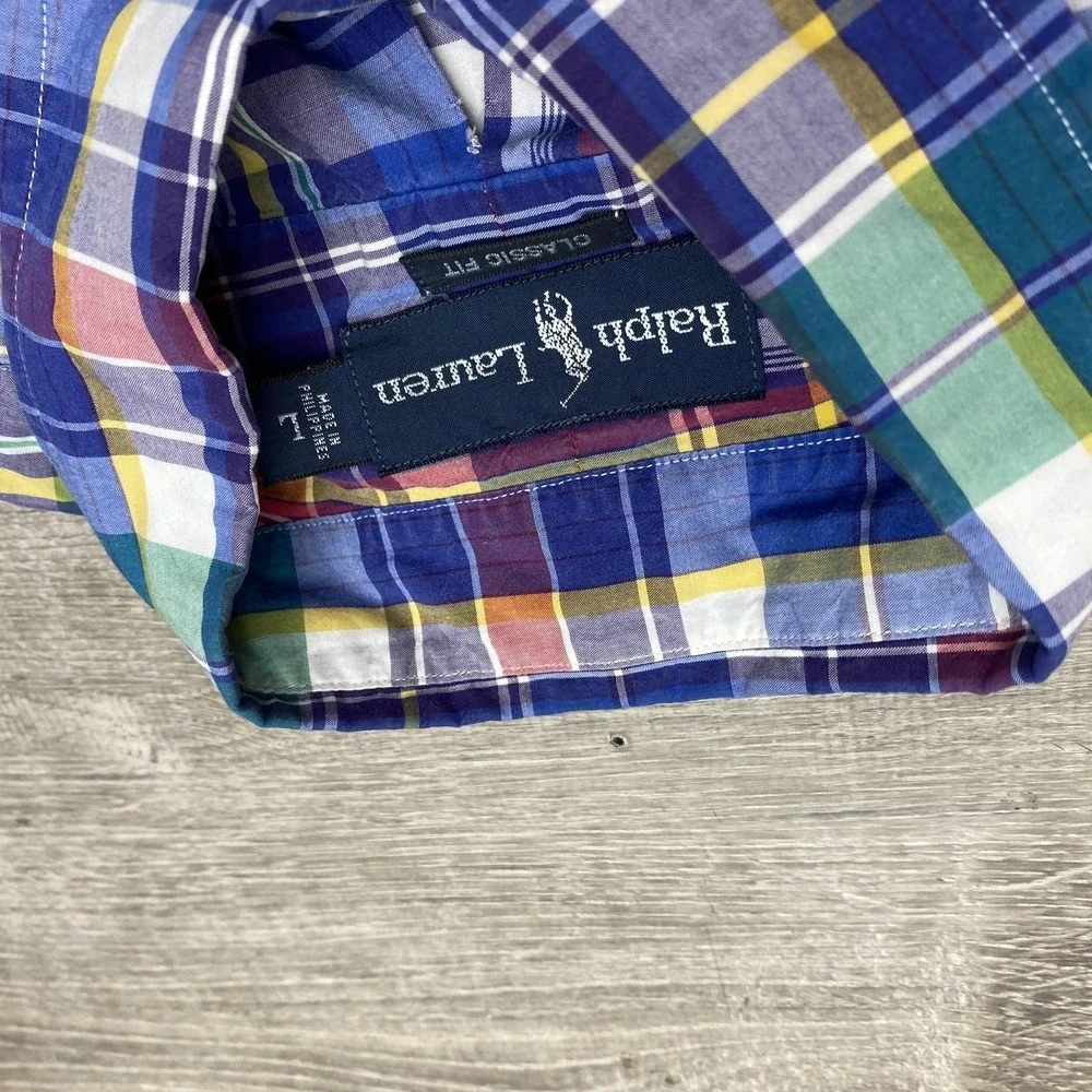 Ralph Lauren Shirt Mens Large Blue Plaid Long Sleeve Button Front Classic‎ Fit